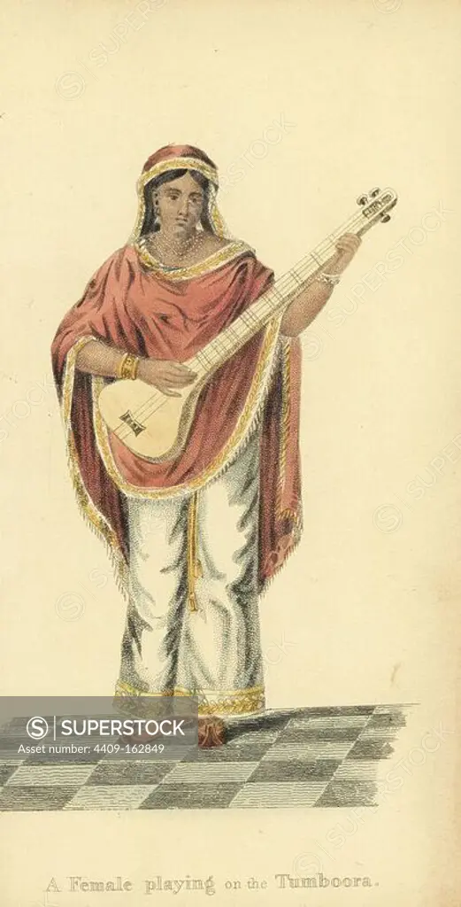 Woman playing the tumboora (guitar) wearing embroidered pants of silk, shawl, veil, and slippers. Handcoloured copperplate engraving by an unknown artist from "Asiatic Costumes," Ackermann, London, 1828.