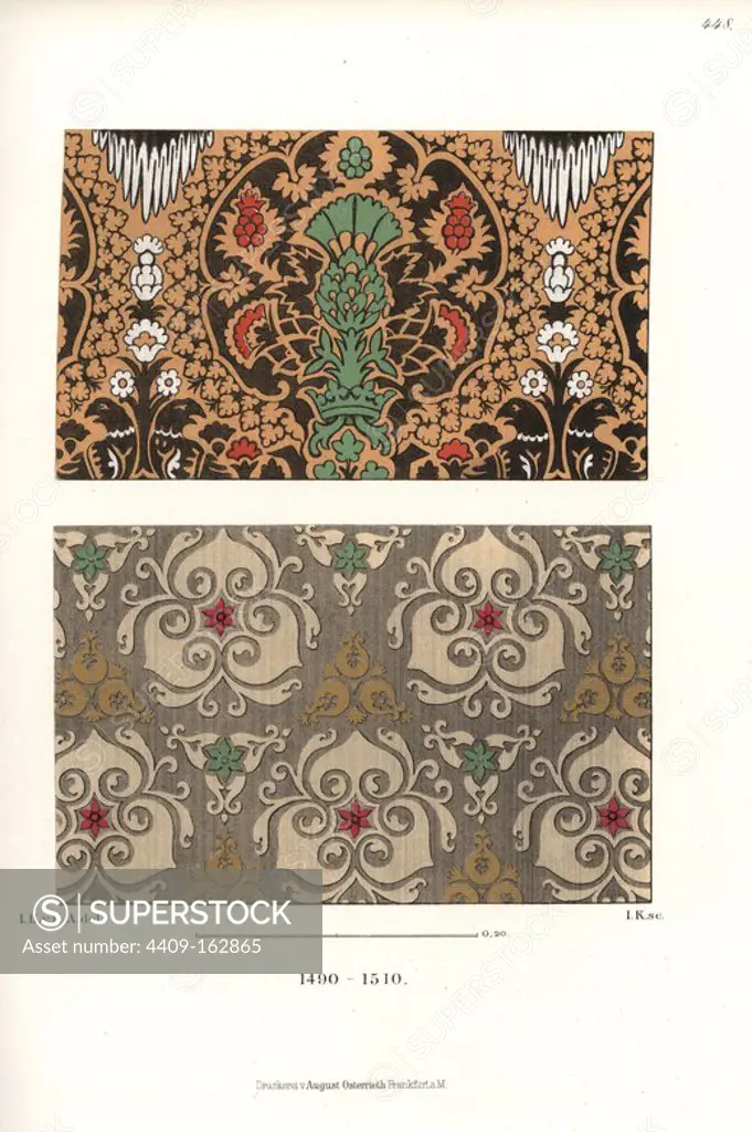 Patterned silk fabrics from a cabinet of curiosities at Sigmaringen, 15th century. Chromolithograph from Hefner-Alteneck's "Costumes, Artworks and Appliances from the Middle Ages to the 17th Century," Frankfurt, 1889. Illustration by Dr. Jakob Heinrich von Hefner-Alteneck, lithographed by I.K. Dr. Hefner-Alteneck (1811 - 1903) was a German museum curator, archaeologist, art historian, illustrator and etcher.