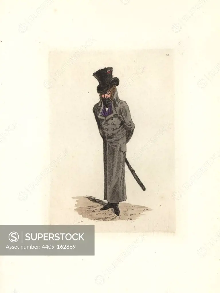 Costume of Tournesol, police agent in henchman's outfit. He wears a tall, wide-brimmed hat, a long coat, wide cravat, and carries a large stick. Handcoloured etching by Auguste Etienne Guillaumot Jr. from "Costumes of the Directory," Rouquette, Paris, 1875. The etchings were made from designs by Eugene Lacoste and Draner after prints of the era 1795-99. The costumes are from theatre productions "Merveilleuses" and "Pres Saint-Gervais" by Victorien Sardou.