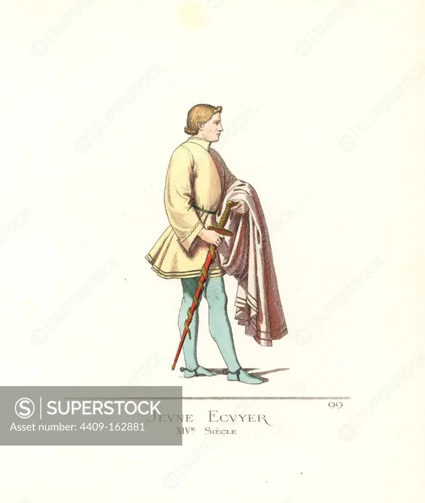 Costume of a young squire, 14th century. He wears a yellow tabard, green stockings and silver spurs. He carries the sword and cape of his knight. From a fresco by Spinello Aretino in the Campo Santo cemetery, Pisa. Handcoloured illustration drawn and lithographed by Paul Mercuri with text by Camille Bonnard from "Historical Costumes from the 12th to 15th Centuries," Levy Fils, Paris, 1861.