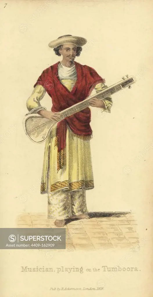 Man playing the tumboora (guitar) wearing embroidered silk pants, tunic and turban. Handcoloured copperplate engraving by an unknown artist from "Asiatic Costumes," Ackermann, London, 1828.