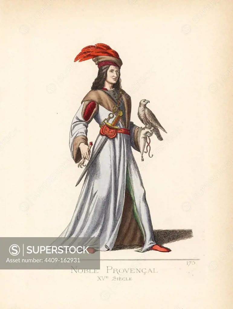 Nobleman of Provence, 15th century, holding a falcon. He wears a crimson hat with fur and scarlet plumes, tunic in red velvet, slashed grey coat lined with fur, red belt and purse, dagger, green stockings and red shoes. From an illustration by Barthelemy d'Eyck in Rene of Anjou's "Tournament Book," 1488.
