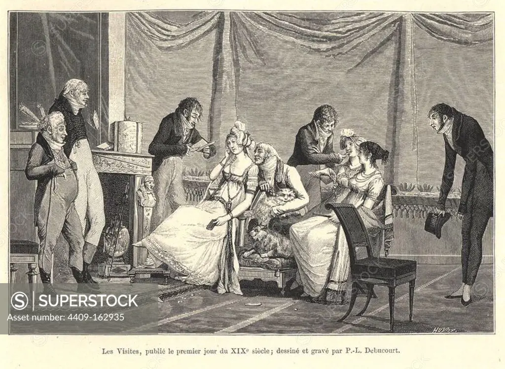 Social visit to a Paris salon, circa 1800. A group of dandies attempt to entertain three seated belles in a drawing room. Drawn by P-L Debucourt, woodcut by Huyot from Paul Lacroix's "Directoire, Consulat et Empire," Paris, 1884.