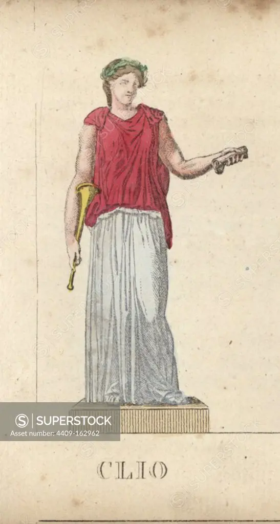 Clio, Greek muse of history, with laurel wreath, horn and scrolls. Handcoloured copperplate engraving engraved by Jacques Louis Constant Lacerf after illustrations by Leonard Defraine from "La Mythologie en Estampes" (Mythology in Prints, or Figures of Fabled Gods), Chez P. Blanchard, Paris, c.1820.