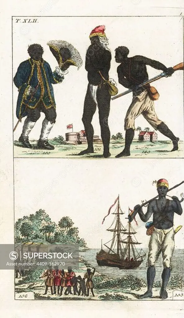 Quassi, the Surinam slave who discovered quassia, Leonard Parkinson, leader of the Maroons of Jamaica, and Maroon rebel. Vignette below shows slaves being taken from the slaver to a fort in the colonies, with a black hunter in the foreground. Handcolored copperplate engraving from G. T. Wilhelm's "Encyclopedia of Natural History: Mankind," Augsburg, 1804. Gottlieb Tobias Wilhelm (1758-1811) was a Bavarian clergyman and naturalist known as the German Buffon.