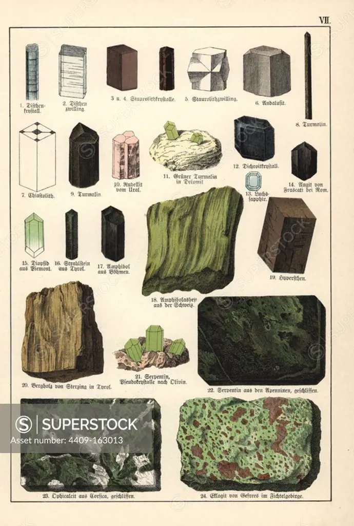 Various minerals and crystals including kyanite, staurolite, andalusite, tourmaline, chiastolite, rubellite, cordierite, pyroxene, diopside, actinolite, amphibole, hypersthene, mountain leather, asbestos, serpentine, ophicalcite and eclogite. Chromolithograph from Dr. Aldolph Kenngott's "Mineralogy" section in Gotthilf Heinrich von Schubert's "Naturgeschichte," Schreiber, Munich, 1886.