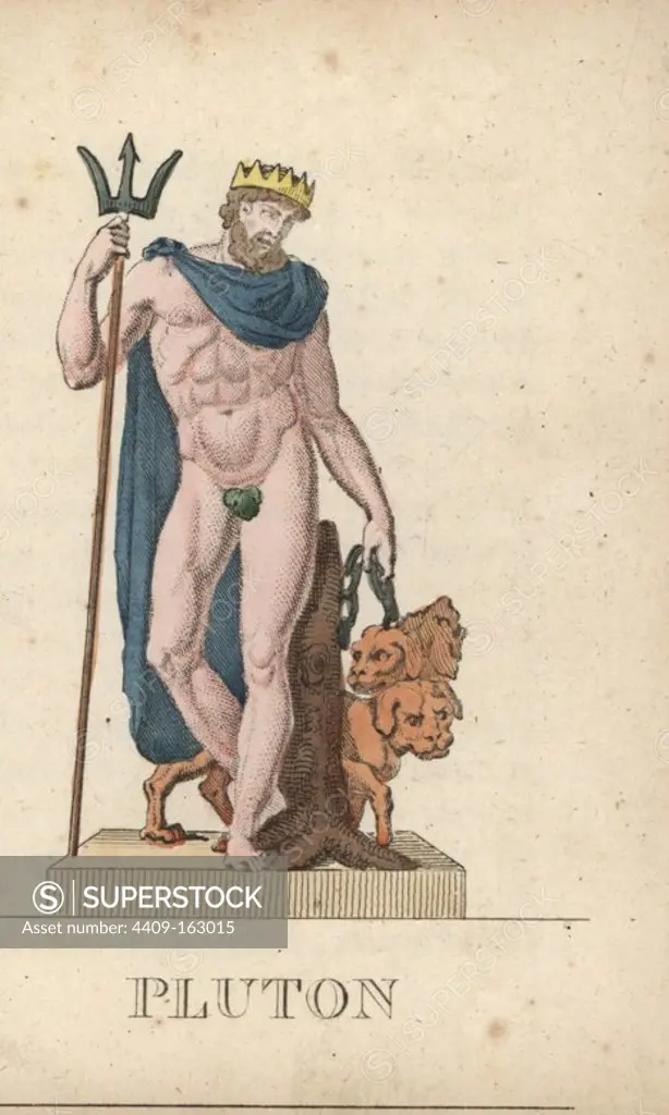 Pluto, Roman god of the dead and ruler of the underworld, with crown, trident, figleaf and hellhound Cerberus. Handcoloured copperplate engraving engraved by Jacques Louis Constant Lacerf after illustrations by Leonard Defraine from "La Mythologie en Estampes" (Mythology in Prints, or Figures of Fabled Gods), Chez P. Blanchard, Paris, c.1820.