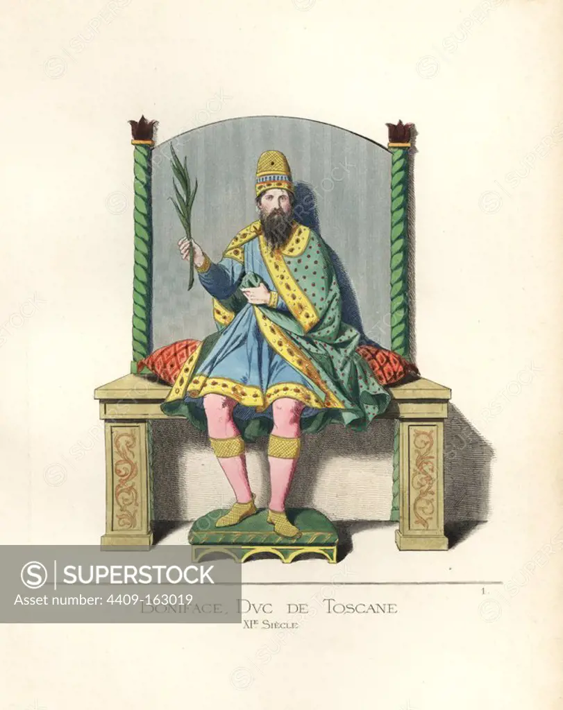 Boniface III, Margrave of Tuscany (c.9851052). He wears a gold hat decorated with precious stones, green chlamys bordered in gold, blue tunic, red stockings with gold bands and shoes. The throne is yellow with cushions and footrest. Illustration taken from a manuscript of Donizo's "Vita Mathildis." Handcoloured illustration drawn and lithographed by Paul Mercuri with text by Camille Bonnard from "Historical Costumes from the 12th to 15th Centuries," Levy Fils, Paris, 1860.