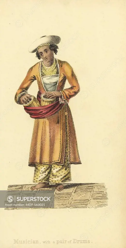 Indian musician with pair of tabla drums in his waist sash. Handcoloured copperplate engraving by an unknown artist from "Asiatic Costumes," Ackermann, London, 1828.