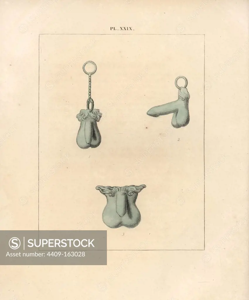 Bronze amulets of phalli worn on chains to protect men from magic, and as fertility charms for women. Handcoloured lithograph from Cesar Famin's "Musee royal de Naples (The Royal Museum at Naples)," Abel Ledoux, Paris, 1836. This rare volume is a catalog of the collection of erotic paintings, bronzes and statues excavated in Pompeii and Herculaneum and stored in a Secret Cabinet at Naples.