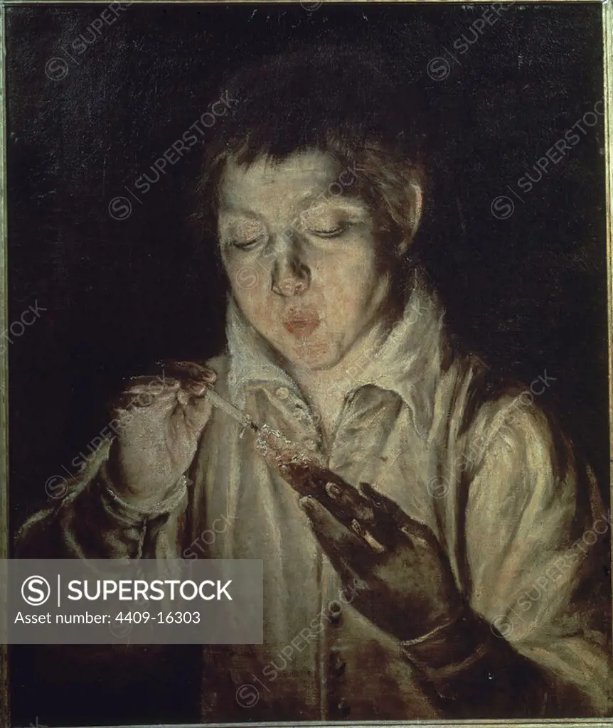 A Child Blowing on an Ember - 1570/75 - 59x51 cm - oil on canvas. Author: EL GRECO-Domenikos Theotokopoulos (1540-1614). Location: MUSEO DI CAPODIMONTE. NEAPEL. ITALIA.