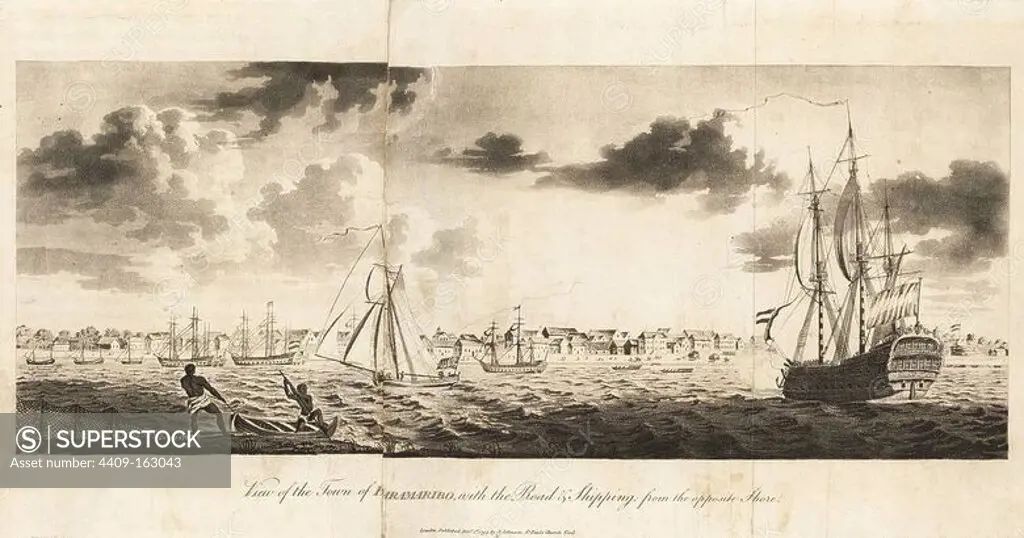 View of the Town of Paramaribo, with the Road and Shipping from the opposite Shore. Copperplate engraving after an original illustration by Captain John Gabriel Stedman from his "Narrative of a Five Years' Expedition against the Revolted Negroes of Surinam," J. Johnson, London, 1813.