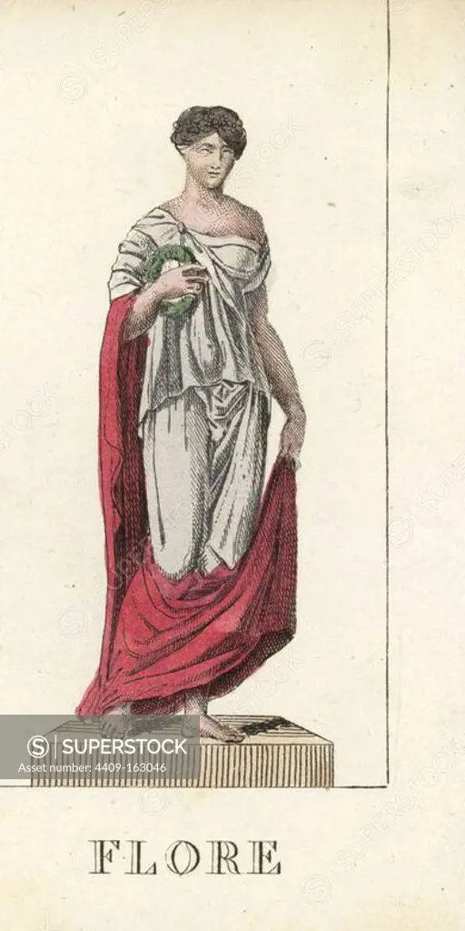 Flora, Roman goddess of flowers and spring, holding a garland of flowers. Handcoloured copperplate engraving engraved by Jacques Louis Constant Lacerf after illustrations by Leonard Defraine from "La Mythologie en Estampes" (Mythology in Prints, or Figures of Fabled Gods), Chez P. Blanchard, Paris, c.1820.
