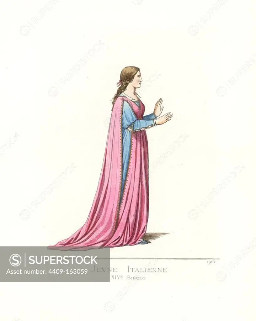 Costume of a young Italian woman, 14th century. She wears her hair loose but tied with a thin chain, a cape bordered with gold over a blue dress. From a painting by Ambrogio Lorenzetti. Handcoloured illustration drawn and lithographed by Paul Mercuri with text by Camille Bonnard from "Historical Costumes from the 12th to 15th Centuries," Levy Fils, Paris, 1861.