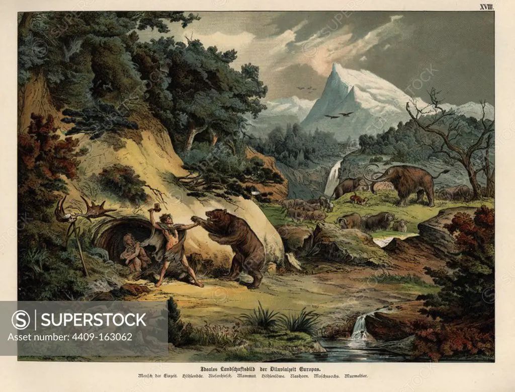 Restoration of a European landscape in the Diluvial era. Ice Age man, rhinoceros, cave lion, cave bear, giant deer, mammoth, musk ox, and marmot. Chromolithograph from Dr. Fr. Rolle's "Geology and Paleontology" section in Gotthilf Heinrich von Schubert's "Naturgeschichte," Schreiber, Munich, 1886.