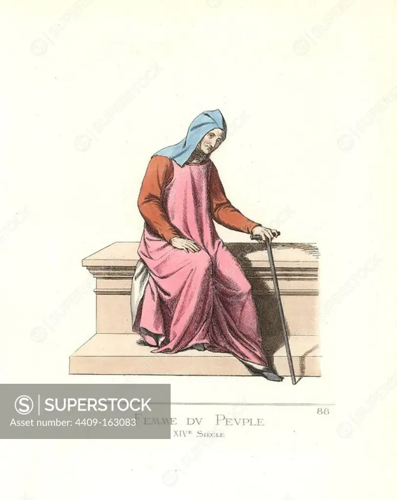 Costume of a common woman, 14th century. She wears a blue hood, white veil, pink dress and scarlet underdress, black shoes, and carries a walnut walking stick. From a miniature in the "Roman de la Rose." Handcoloured illustration drawn and lithographed by Paul Mercuri with text by Camille Bonnard from "Historical Costumes from the 12th to 15th Centuries," Levy Fils, Paris, 1861.