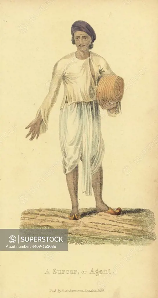 Surcar or Indian agent, in turban, jacket, muslin pants and slippers. Handcoloured copperplate engraving by an unknown artist from "Asiatic Costumes," Ackermann, London, 1828.