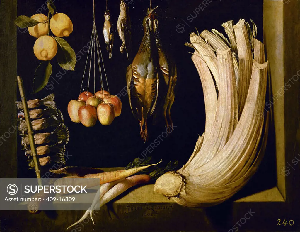Still life with Game, Vegetable and Fruit. Bodegón de caza, hortalizas y frutas. 1602. Oil on canvas (68x89). Baroque espagnol. Madrid, Prado museum. Author: JUAN SANCHEZ COTAN. Location: MUSEO DEL PRADO-PINTURA. MADRID. SPAIN.