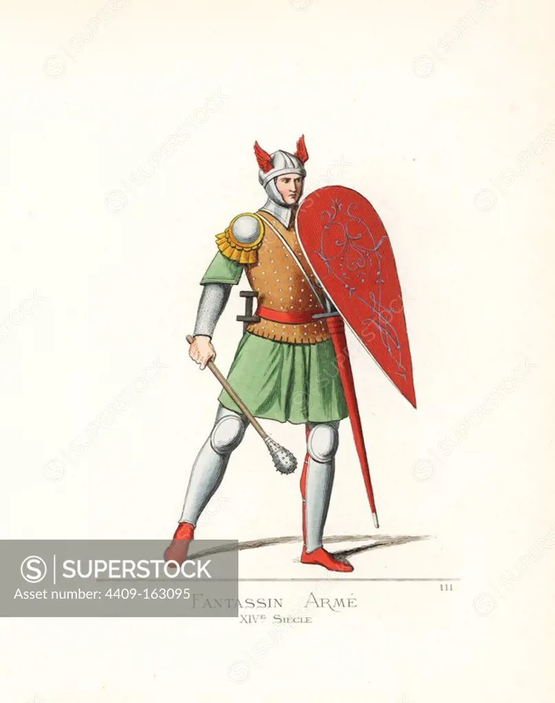 Italian infantry soldier, 14th century. He wears a winged helm, cuirass and shoulder armour, green tabard over chainmail, knee armour and greaves. He carries a shield, sword and battle mace. From a miniature in a manuscript in the Barberini library, Rome. Handcoloured illustration drawn and lithographed by Paul Mercuri with text by Camille Bonnard from "Historical Costumes from the 12th to 15th Centuries," Levy Fils, Paris, 1861.