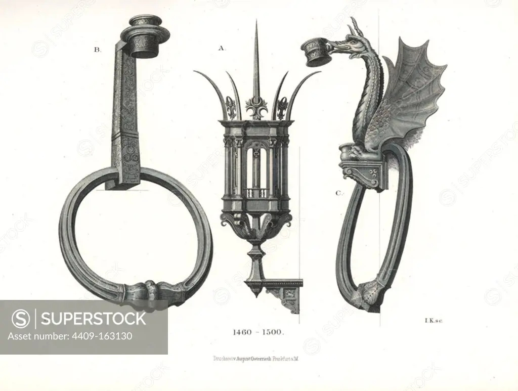 Examples of ironwork by blacksmiths, late 15th century. A colossal lantern from the Palazzo Strozzi, Florence, and ring with dragon design. Chromolithograph from Hefner-Alteneck's "Costumes, Artworks and Appliances from the Middle Ages to the 17th Century," Frankfurt, 1889. Illustration by B, lithographed by I.K. Dr. Hefner-Alteneck (1811 - 1903) was a German museum curator, archaeologist, art historian, illustrator and etcher.