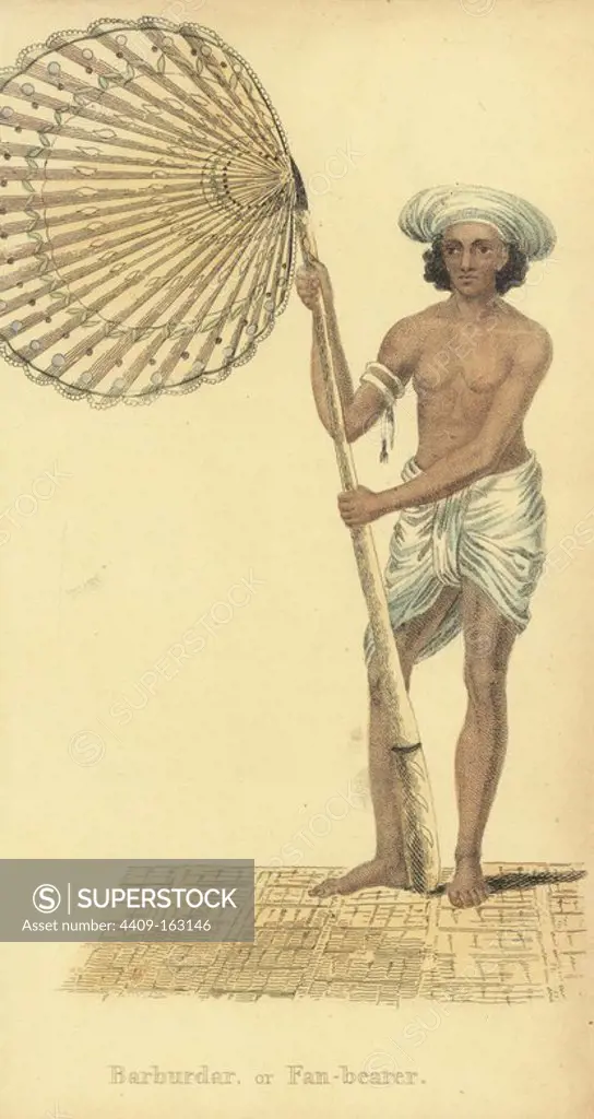 Barburdar, punkah wallah or fan bearer, in loincloth and turban, with fan made of a palmyra leaf. Handcoloured copperplate engraving by an unknown artist from "Asiatic Costumes," Ackermann, London, 1828.