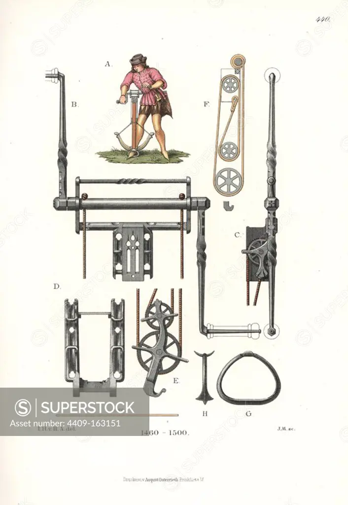 Archer with two-pulley winch crossbow, and details of the pulley mechanisms of the crossbow, late 15th century. Winding mechanism B/C, roller D/E, pulley system F, and foot stirrup G/H. Chromolithograph from Hefner-Alteneck's "Costumes, Artworks and Appliances from the Middle Ages to the 17th Century," Frankfurt, 1889. Illustration by Dr. Jakob Heinrich von Hefner-Alteneck, lithographed by J.M. Hefner-Alteneck (1811 - 1903) was a German museum curator, archaeologist, art historian, illustrator and etcher.
