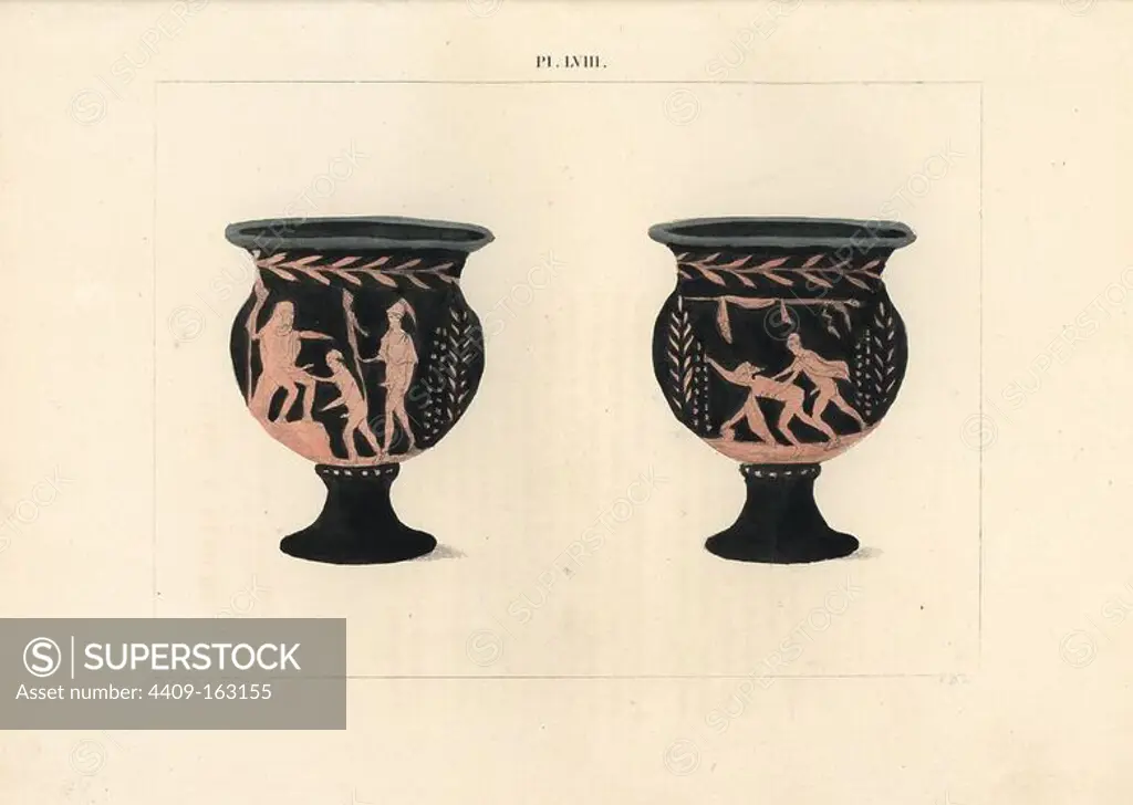 Campana, bell-shaped vase, with erotic scenes. One scene shows a phallic Bacchanalia, with a seated silenus worshipped by a bald man, and attended by a Bacchus wearing a chlamys and casque helmet. The other shows a Bacchic game with a woman picking up a sphaera (ball) surprised by a man with an erection. Handcoloured lithograph by A. Delvaux from Cesar Famin's "Musee royal de Naples (The Royal Museum at Naples)," Abel Ledoux, Paris, 1836. This rare volume is a catalog of the collection of erotic paintings, bronzes and statues excavated in Pompeii and Herculaneum and stored in a Secret Cabinet at Naples.