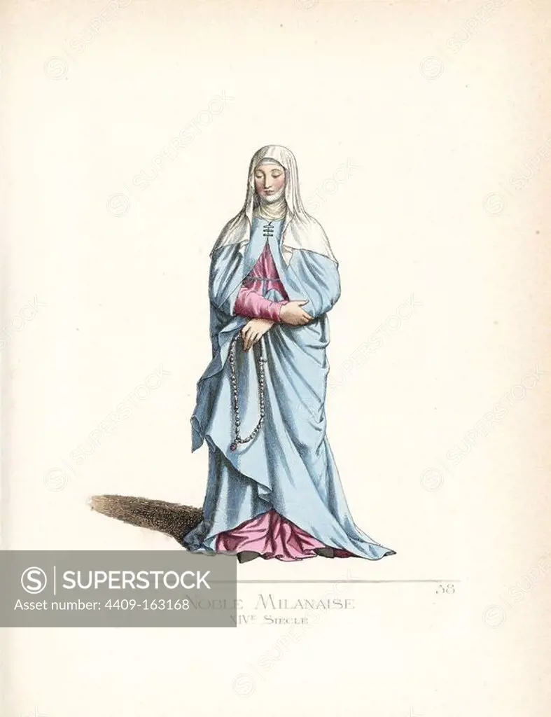 Noblewoman of Milan, 14th century. She wears a veil that falls to the shoulders while another veil envelopes her throat, blue cape, purple robe, and holds a rosary. From a monument to the Visconti family in Brera chapel. Handcoloured illustration drawn and lithographed by Paul Mercuri with text by Camille Bonnard from "Historical Costumes from the 12th to 15th Centuries," Levy Fils, Paris, 1860.