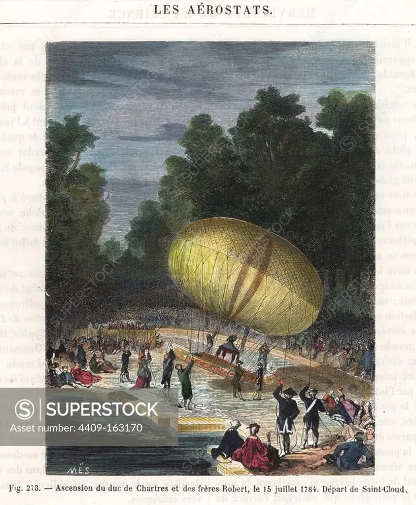 Flight in a dirigible balloon by the Duc de Chartres and the Robert brothers, Anne-Jean and Nicolas-Louis, July 15, 1784. The brothers flew for 45 minutes in the elongated craft. Handcolored engraving from Louis Figuier's "Les Merveilles de la Science: Les Aerostats," Furne, Jouvet et Cie, Paris, 1870.