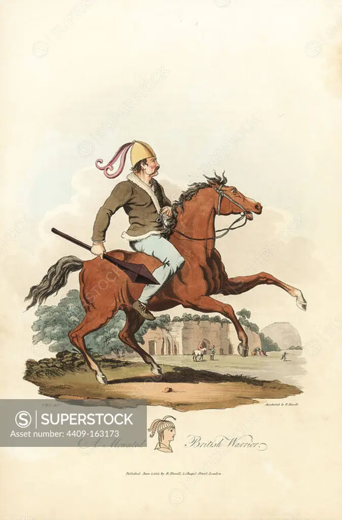 Mounted British warrior from the pre-Roman era. He wears a brazen helmet, a mantell gedenawg (shaggy cloak), trousers and shoes, and carries a club. In the background is the chapel in the rock, Nottingham. Handcoloured aquatint by R. Havell from an illustration by Charles Hamilton Smith from Samuel Meyrick's Costume of the Original Inhabitants of the British Islands, London, 1821.