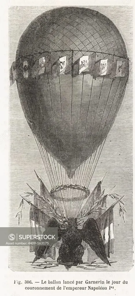 Balloon launched by Andre-Jacques Garnerin on the day of the coronation of Emperor Napoleon. Woodblock engraving from Louis Figuier's "Les Merveilles de la Science: Aerostats" (Marvels of Science: Air Balloons), Furne, Jouvet et Cie, Paris, 1868.