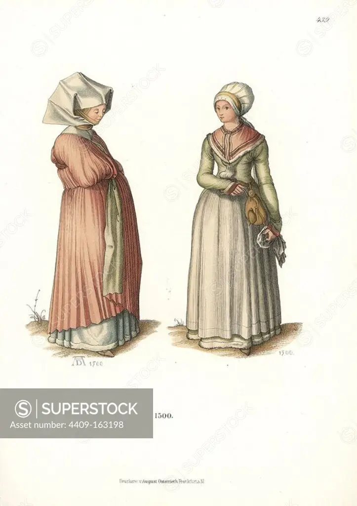 Woman in starched linen headdress known as a Sturz, and a woman in domestic costume, 1500, from a coloured drawing by Albrecht Durer in the Albertina collection in Vienna. Chromolithograph from Hefner-Alteneck's "Costumes, Artworks and Appliances from the Middle Ages to the 17th Century," Frankfurt, 1889. Dr. Jakob Heinrich von Hefner-Alteneck (1811 - 1903) was a German museum curator, archaeologist, art historian, illustrator and etcher.