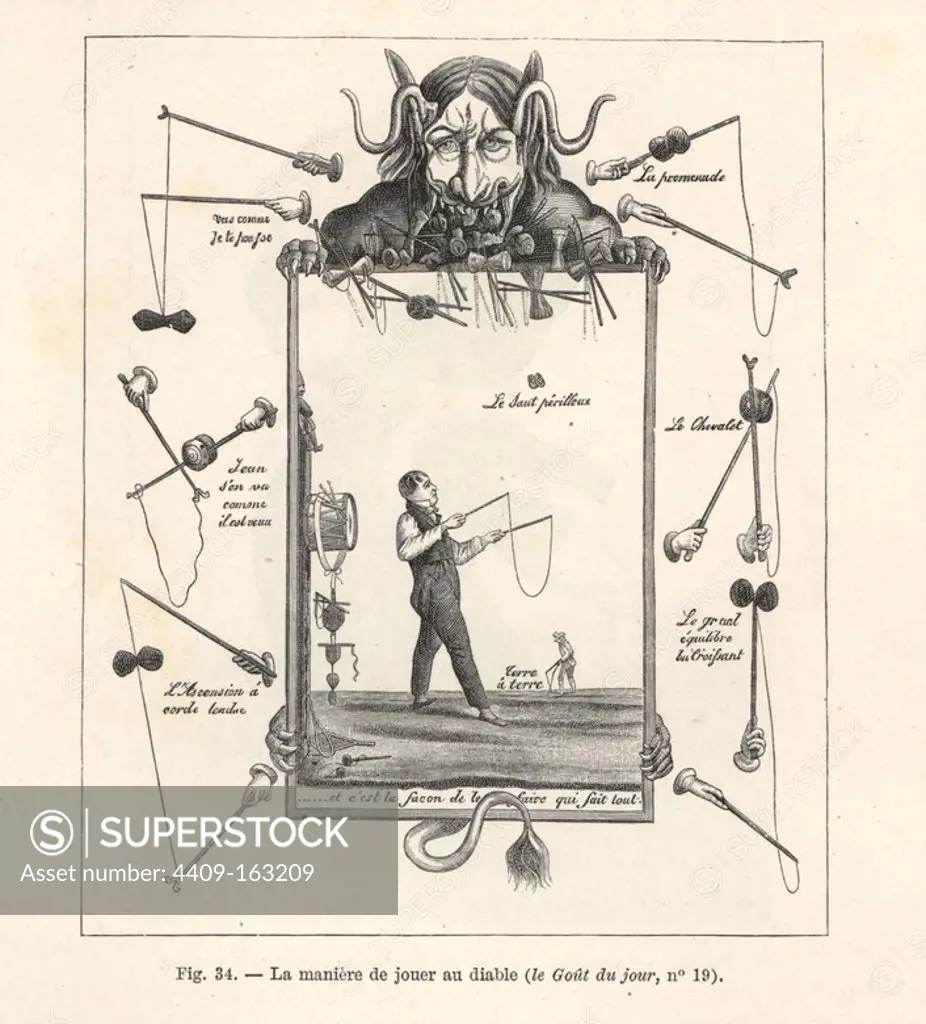 Instructions on how to play with the "diable," a Chinese yo-yo. A demonic creature holds a picture of a man throwing a yo-yo in the air, with examples of tricks surrounding it. Woodcut engraving from Paul Lacroix's "Directoire, Consulat et Empire," Paris, 1884.