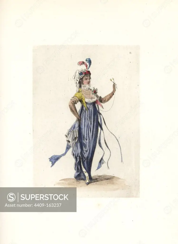 Costume of Pervenche, nouveau riche wife of a merchant. She wears a Primerose headdress of fanchon bonnet, Egyptian cameo and plumes, a spencer jacket of yellow satin, over a dress of silk and satin. She holds a pair of glasses on a chain. Handcoloured etching by Auguste Etienne Guillaumot Jr. from "Costumes of the Directory," Rouquette, Paris, 1875. The etchings were made from designs by Eugene Lacoste and Draner after prints of the era 1795-99. The costumes are from theatre productions "Merveilleuses" and "Pres Saint-Gervais" by Victorien Sardou.