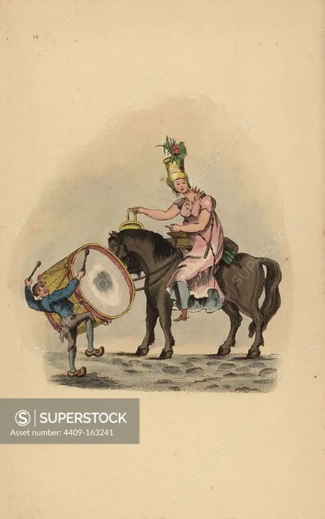 Woman on a horse with whip and silver spurs, delivering a lecture on magnetism with a magnet and iron dish, accompanied by a drummer. Entertainers near Orleans cathedral, circa 1815. Handcoloured copperplate engraving from Benjamin Rotch's "Manners and Customs of the French," London, Sotheran, 1893.