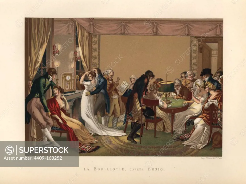 Paris salon circa 1800, with fashionable guests playing a game of cards under a bouillotte (lampshade). Drawn by Jean-Francois Bosio, lithographed by Gaulard. Chromolithograph from Paul Lacroix's "Directoire, Consulat et Empire," Paris, 1884.