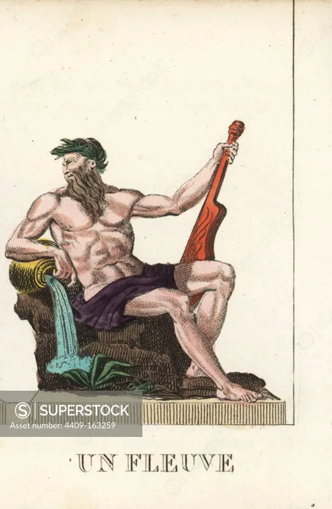 Greek river god, wearing a wreath and holding an oar and water urn. Handcoloured copperplate engraving engraved by Jacques Louis Constant Lacerf after illustrations by Leonard Defraine from "La Mythologie en Estampes" (Mythology in Prints, or Figures of Fabled Gods), Chez P. Blanchard, Paris, c.1820.