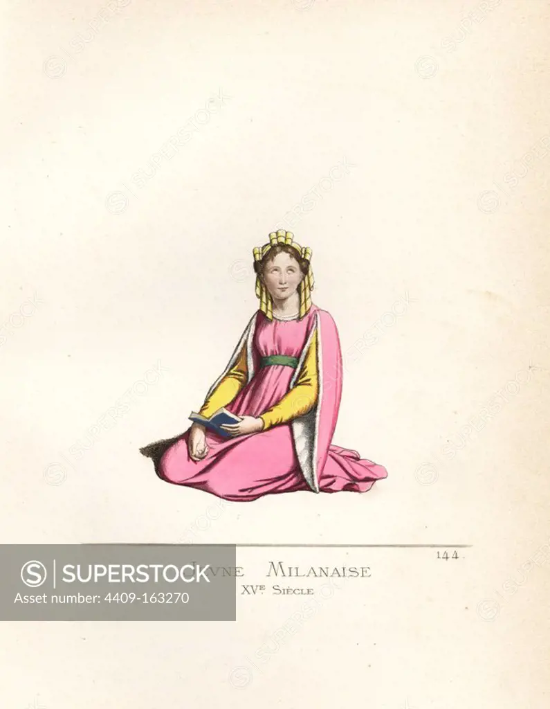 Fashion of a young woman of Milan, 15th century. She sits on the floor reading a book, wearing a cape with sleeves lined in ermine, green belt, yellow dress and headdress. From a fresco in the Cathedral of Monza. Handcoloured illustration drawn and lithographed by Paul Mercuri with text by Camille Bonnard from "Historical Costumes from the 12th to 15th Centuries," Levy Fils, Paris, 1861.