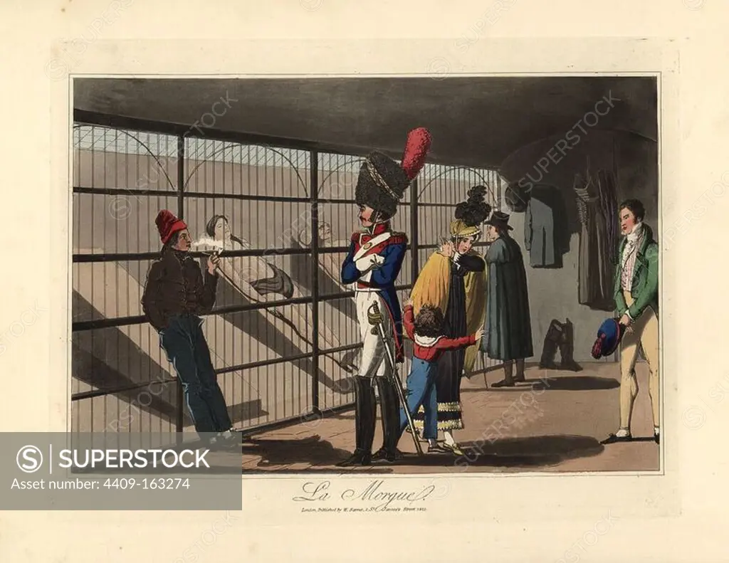 The morgue or public charnel house of Paris on a bank of the Seine. A woman turns in horror from a corpse, an officer of the guards contemplates a female cadaver, and an attendant smokes a pipe. Handcoloured aquatint engraving after an illustration credited to Victor Auver from "A Tour through Paris," William Sams, London, 1825. Illustration copied from Richard Peake's "French Characteristic Costumes," 1819.