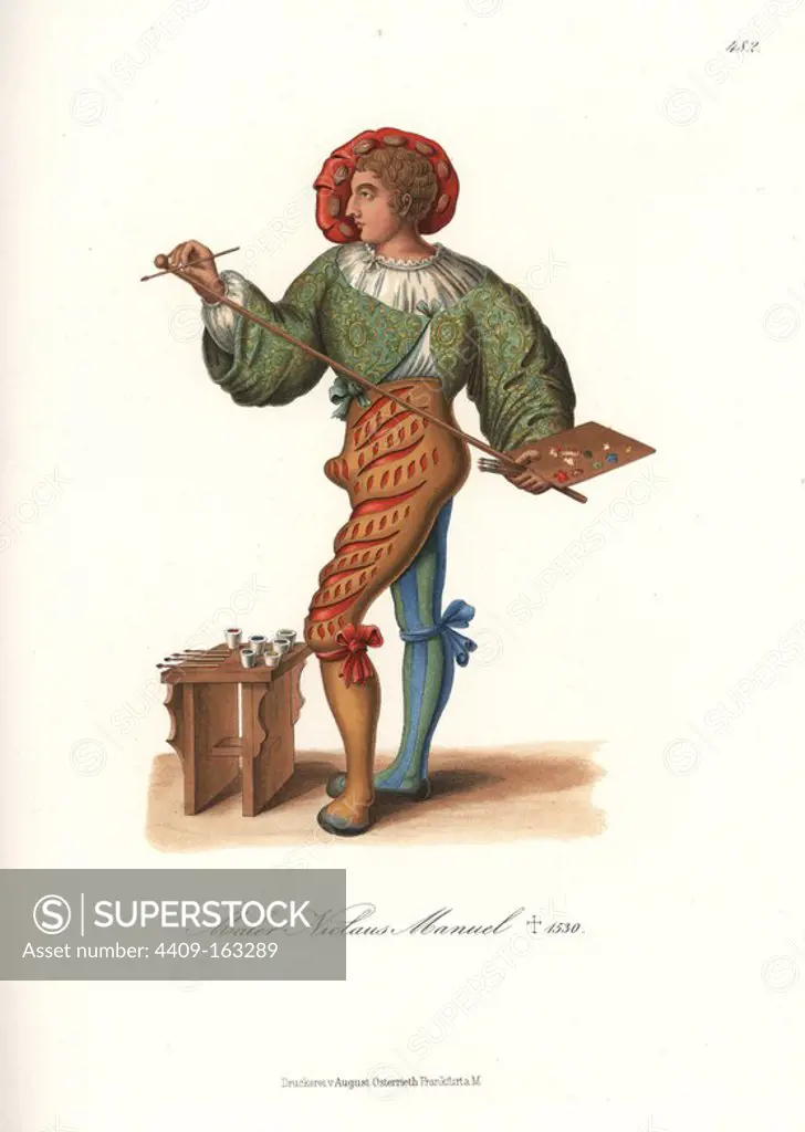 Portrait of the painter and writer Niklaus Manuel Deutsch (1484-1530) in colorful Swiss clothes, like those of a German mercenary or Landsknecht. He wears a floppy hat, a embroidered doublet over white shirt, elaborately slashed culottes with codpiece, and striped odd stockings. He holds a brush and easel with oil paints. Chromolithograph from Hefner-Alteneck's "Costumes, Artworks and Appliances from the Middle Ages to the 17th Century," Frankfurt, 1889. Dr. Hefner-Alteneck (1811 - 1903) was a German museum curator, archaeologist, art historian, illustrator and etcher.