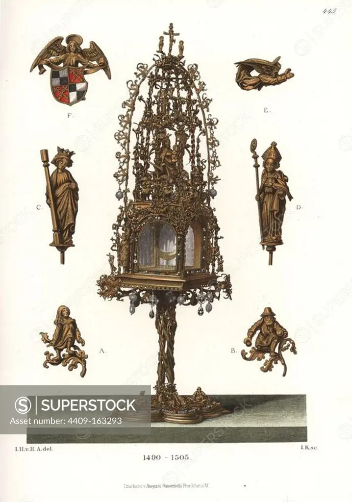 Fantastically decorated monstrance or ostensorium with crouching men (A,B), Saint Afra and Sain Benno (C,D) and angels with coat of arms (E,F) from a cabinet of curiosities in Sigmaringen, 15th century. Chromolithograph from Hefner-Alteneck's "Costumes, Artworks and Appliances from the Middle Ages to the 17th Century," Frankfurt, 1889. Illustration by Dr. Jakob Heinrich von Hefner-Alteneck, lithographed by I.K. Dr. Hefner-Alteneck (1811 - 1903) was a German museum curator, archaeologist, art historian, illustrator and etcher.