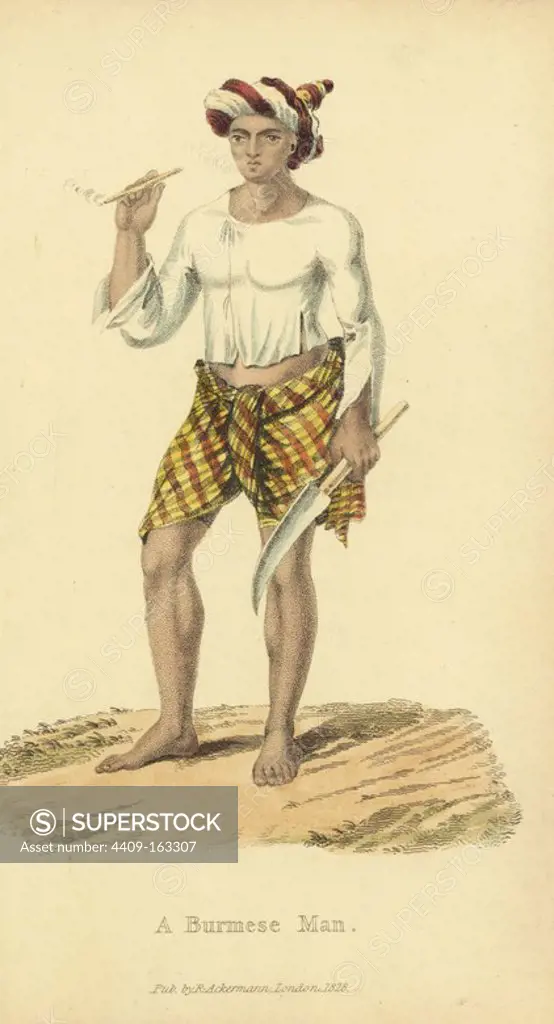 Burmese man in cotton jacket and silk plaid loincloth, smoking a cheroot or segar (cigar). His loins are tattooed and his ear lobes pierced. Handcoloured copperplate engraving by an unknown artist from "Asiatic Costumes," Ackermann, London, 1828.