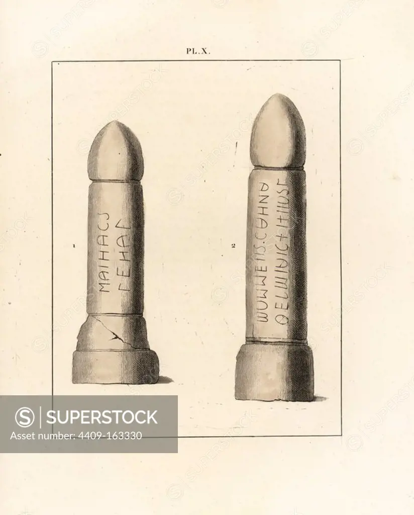 Two phallic votive columns with inscription in the obsolete and obscene Uscan language. Handcoloured lithograph from Cesar Famin's "Musee royal de Naples (The Royal Museum at Naples)," Abel Ledoux, Paris, 1836. This rare volume is a catalog of the collection of erotic paintings, bronzes and statues excavated in Pompeii and Herculaneum and stored in a Secret Cabinet at Naples.
