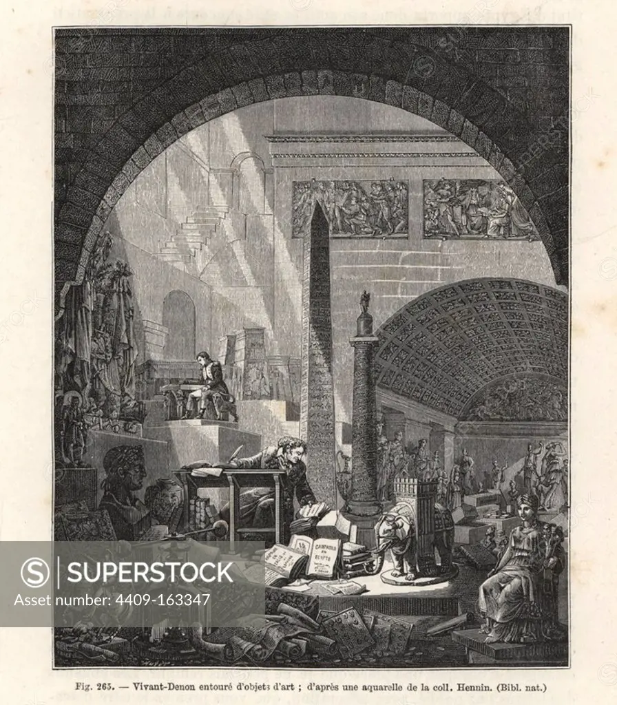Dominique Vivant, Baron de Denon (17471825), working on the collection for the Musee Napoleon (later the Louvre). He sits at a desk in a cellar full of obelisks, statues, art objects, books and papyri. Engraving from Paul Lacroix's "Directoire, Consulat et Empire," Paris, 1884.