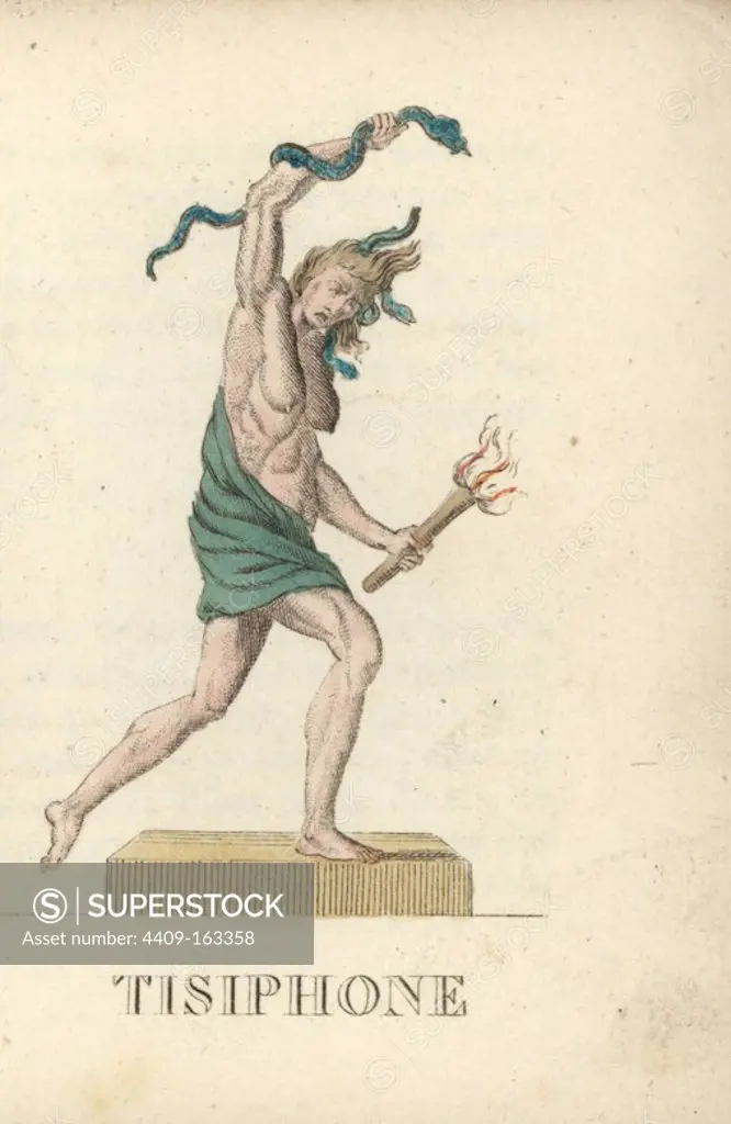 Tisiphone, one of the Greek Enrinyes or Roman Furies, goddess of vengeful destruction and murder, depicted with snakes and a torch. Handcoloured copperplate engraving engraved by Jacques Louis Constant Lacerf after illustrations by Leonard Defraine from "La Mythologie en Estampes" (Mythology in Prints, or Figures of Fabled Gods), Chez P. Blanchard, Paris, c.1820.