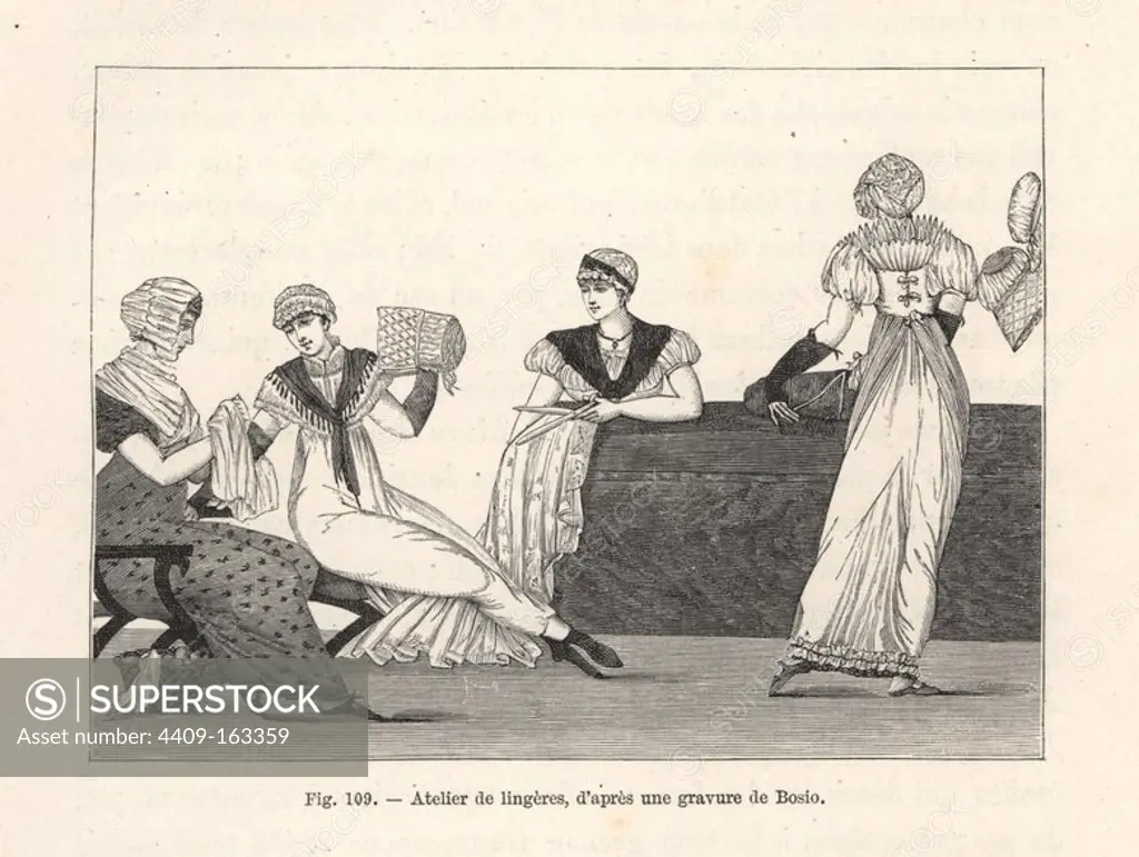 Fabric seller's shop with fashionable customers in dresses and fichu (neckerchief) examining linen, Paris, circa 1800. Illustration drawn by Jean-Francois Bosio. Engraving from Paul Lacroix's "Directoire, Consulat et Empire," Paris, 1884.