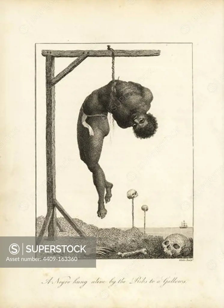 A Negro hung alive by the Ribs to a Gallows. A naked slave hangs dying from a gibbet, suspended by a hook through his lower ribs in this brutal execution. Skulls and bones are scattered around. Copperplate engraving by William Blake after an original illustration by Captain John Gabriel Stedman from his "Narrative of a Five Years' Expedition against the Revolted Negroes of Surinam," J. Johnson, London, 1813.