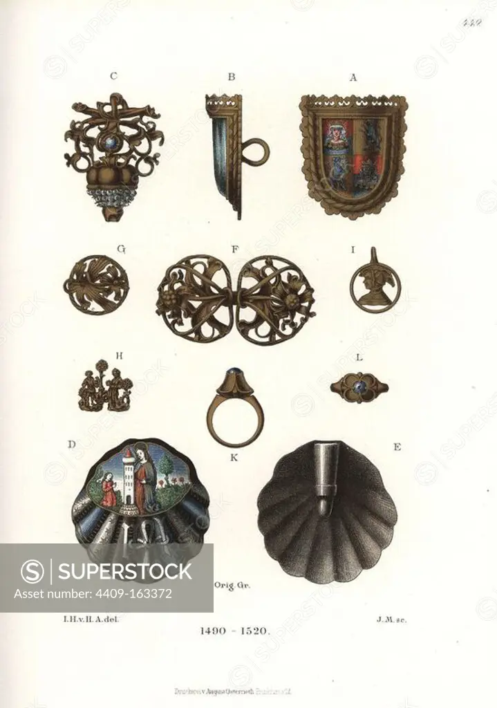 Jewelry from the end of the 15th and early 16th centuries. Brooch in the form of a painted shield A,B, bijou C, decorated clamshell clasp D,E, Gothic style girdle fasteners G,F, bust of a woman I, and ring K,L. Chromolithograph from Hefner-Alteneck's "Costumes, Artworks and Appliances from the Middle Ages to the 17th Century," Frankfurt, 1889. Illustration by Dr. Jakob Heinrich von Hefner-Alteneck, lithographed by J.M. Dr. Hefner-Alteneck (1811 - 1903) was a German museum curator, archaeologist, art historian, illustrator and etcher.