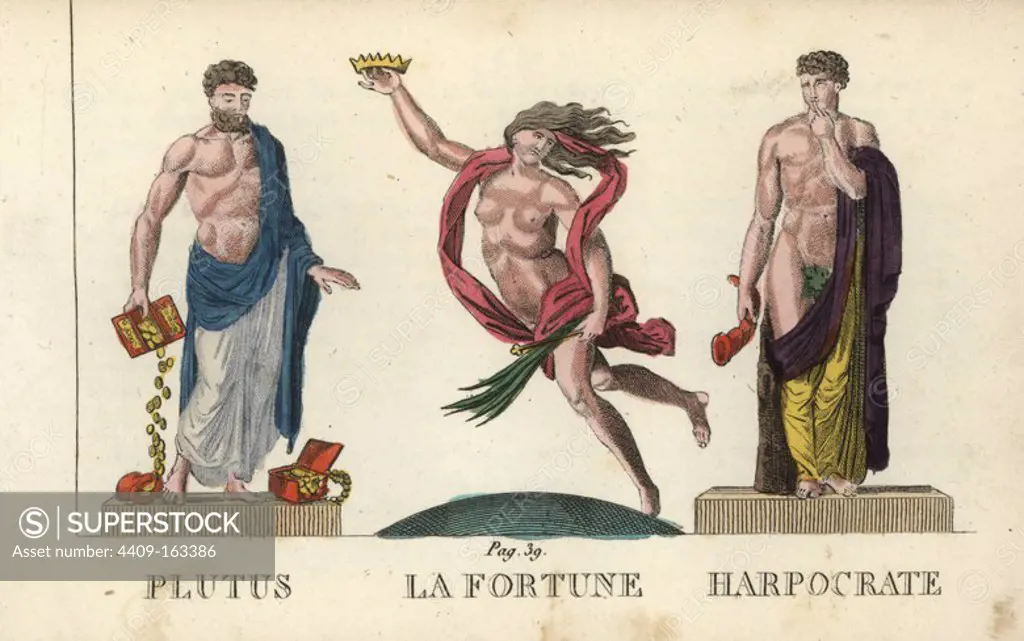 Plutus, Fortuna and Harpocrates, Greek and Roman gods of wealth, luck, and silence. Handcoloured copperplate engraving engraved by Jacques Louis Constant Lacerf after illustrations by Leonard Defraine from "La Mythologie en Estampes" (Mythology in Prints, or Figures of Fabled Gods), Chez P. Blanchard, Paris, c.1820.
