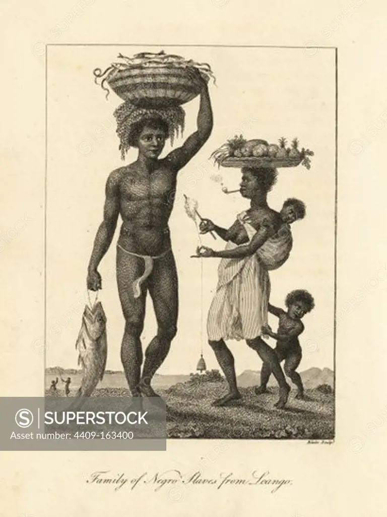 Family of Negro Slaves from Loango (Congo). The man carries a large fish and a basket of smaller fish on his head, while the woman spins yarn and smokes a pipe while carrying a basket of fruit on her head. Copperplate engraving by William Blake after an original illustration by Captain John Gabriel Stedman from his "Narrative of a Five Years' Expedition against the Revolted Negroes of Surinam," J. Johnson, London, 1813.